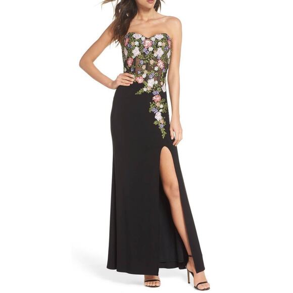Blondie Nites Floral Embroidered Strapless Gown Black Mesh Corset Formal Dress - Picture 1 of 11